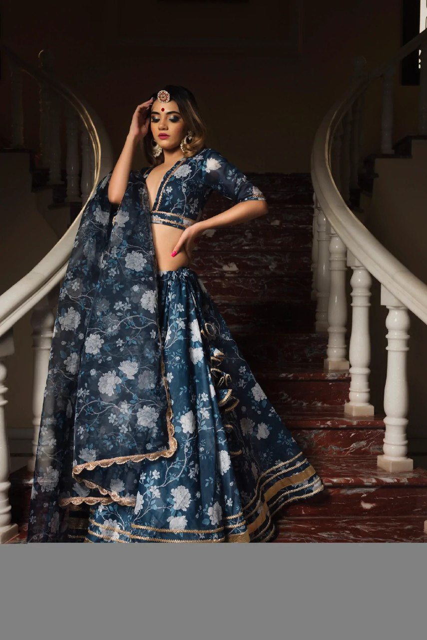 Blue Organza Embroidered Faux Georgette Party Wear Lehenga Choli