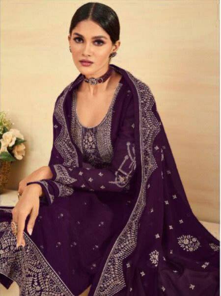 Faux Georgette Purple Top with Plazo And Dupatta