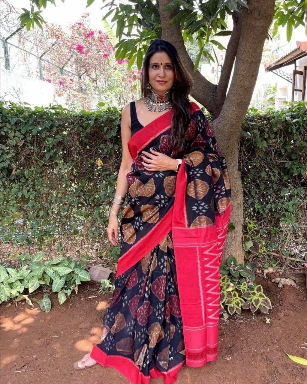 Blue Pure Linen Digital Ikkat Print Saree