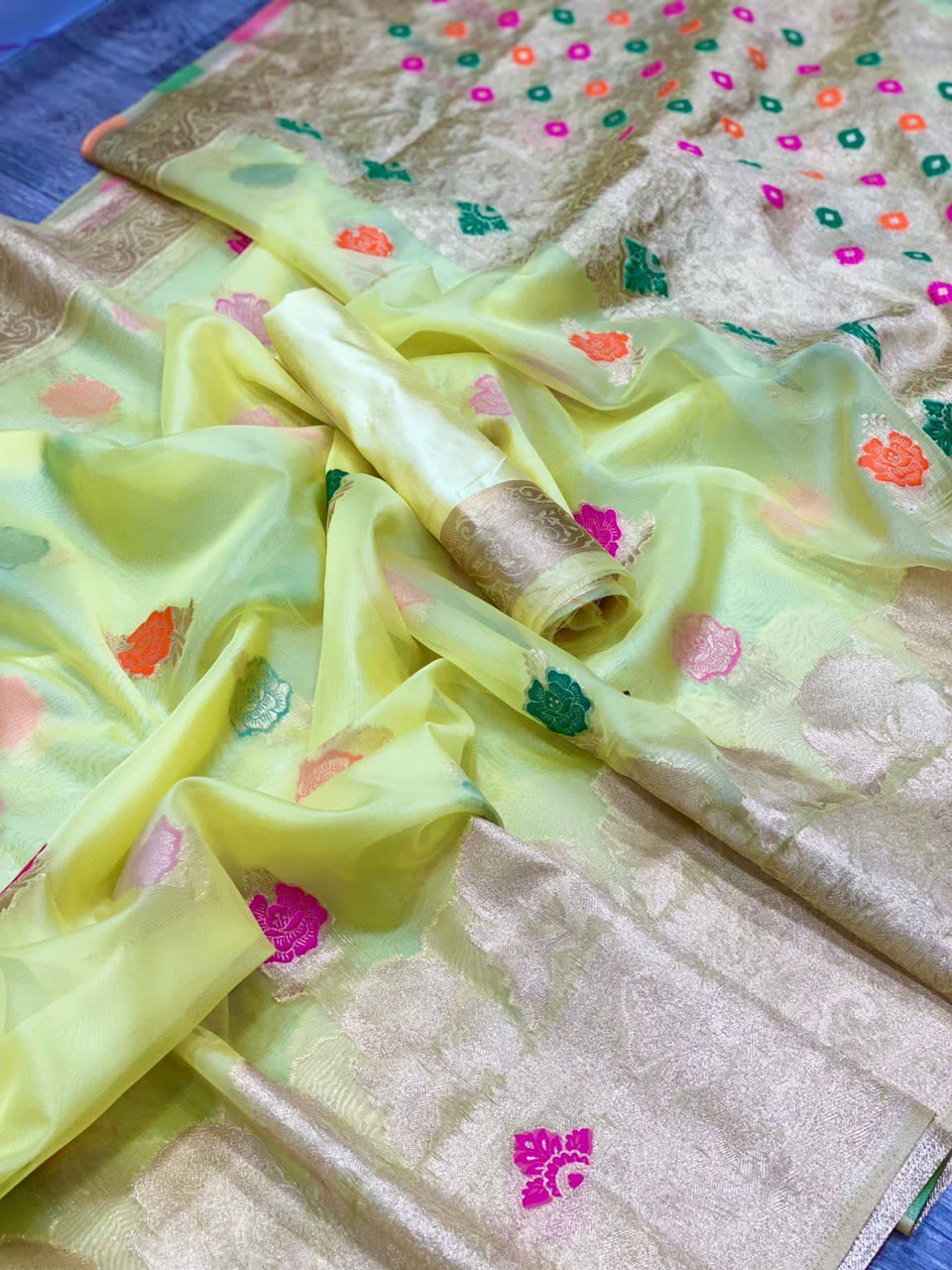 Yellow Pure Soft Organza With Mina Butta Saree