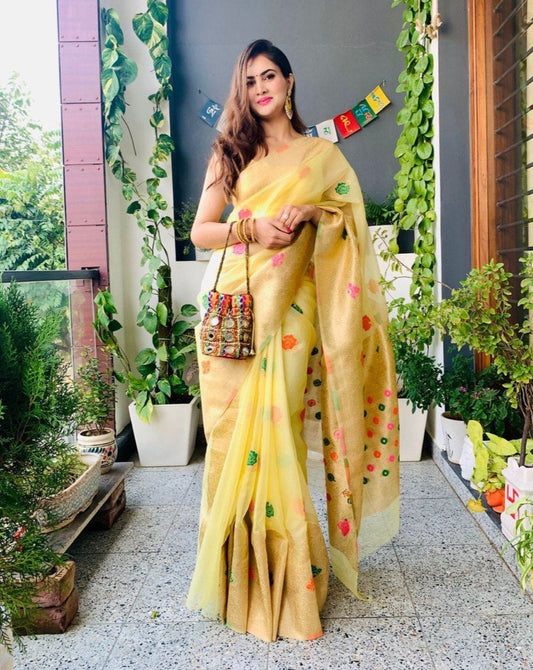 Yellow Pure Soft Organza With Mina Butta Saree