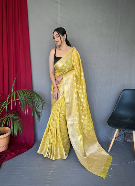Yellow Pure Muslin  Silk Saree With Rose Gold Zari Weaved