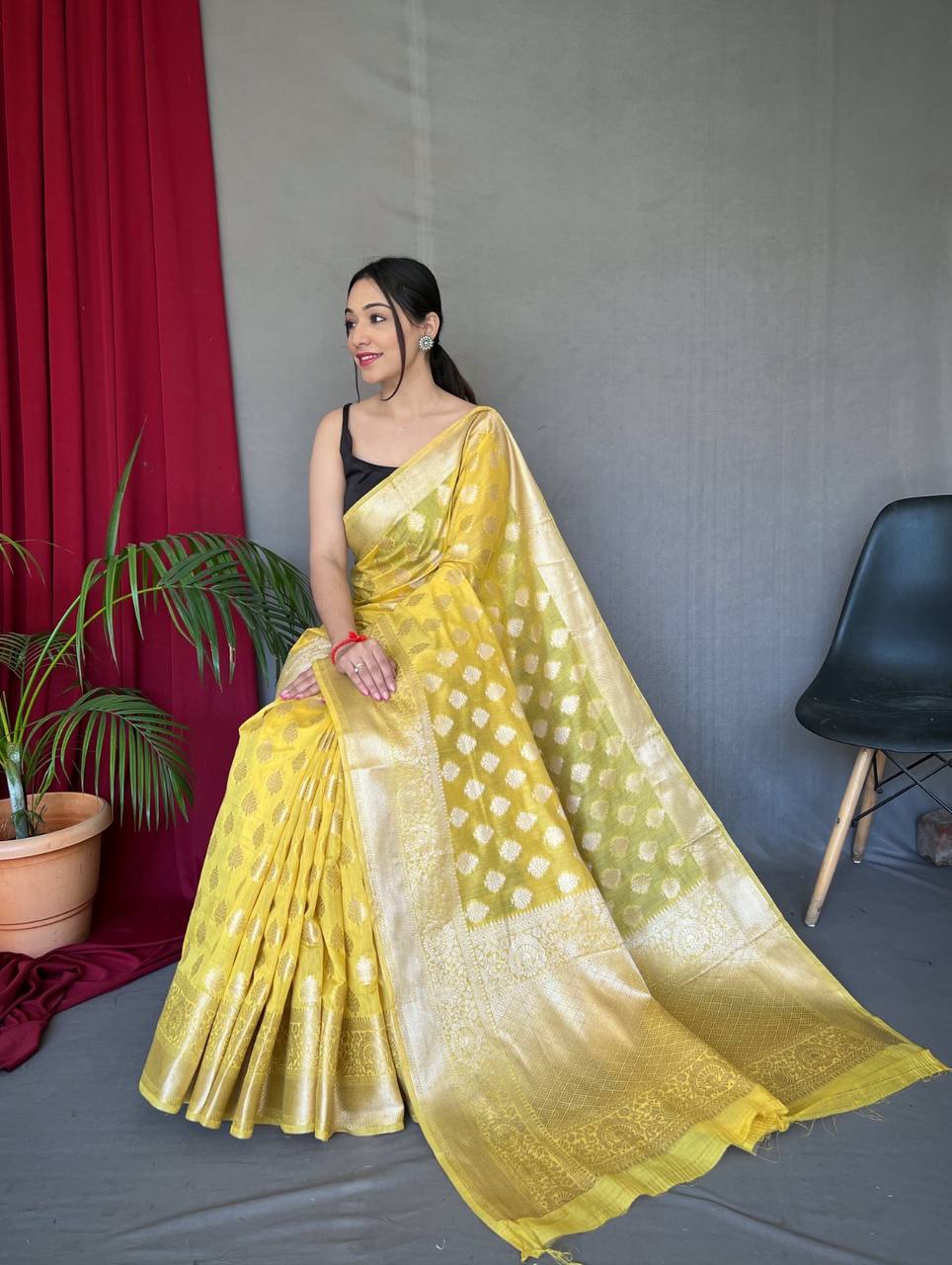 Yellow Pure Muslin  Silk Saree With Rose Gold Zari Weaved