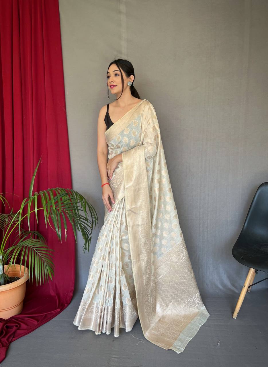 Light Grey Pure Muslin  Silk Saree With Rose Gold Zari Weaved