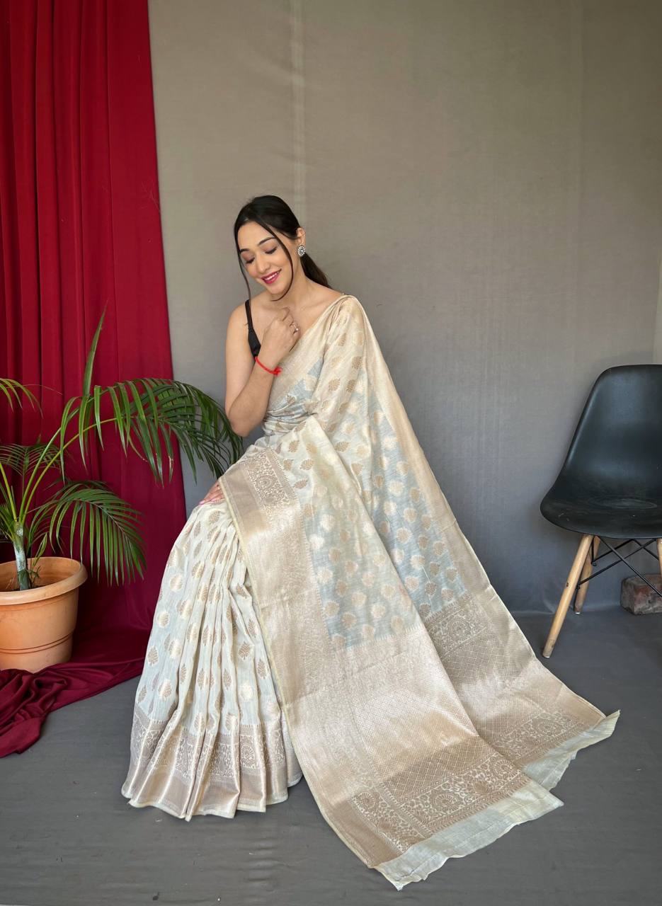 Light Grey Pure Muslin  Silk Saree With Rose Gold Zari Weaved