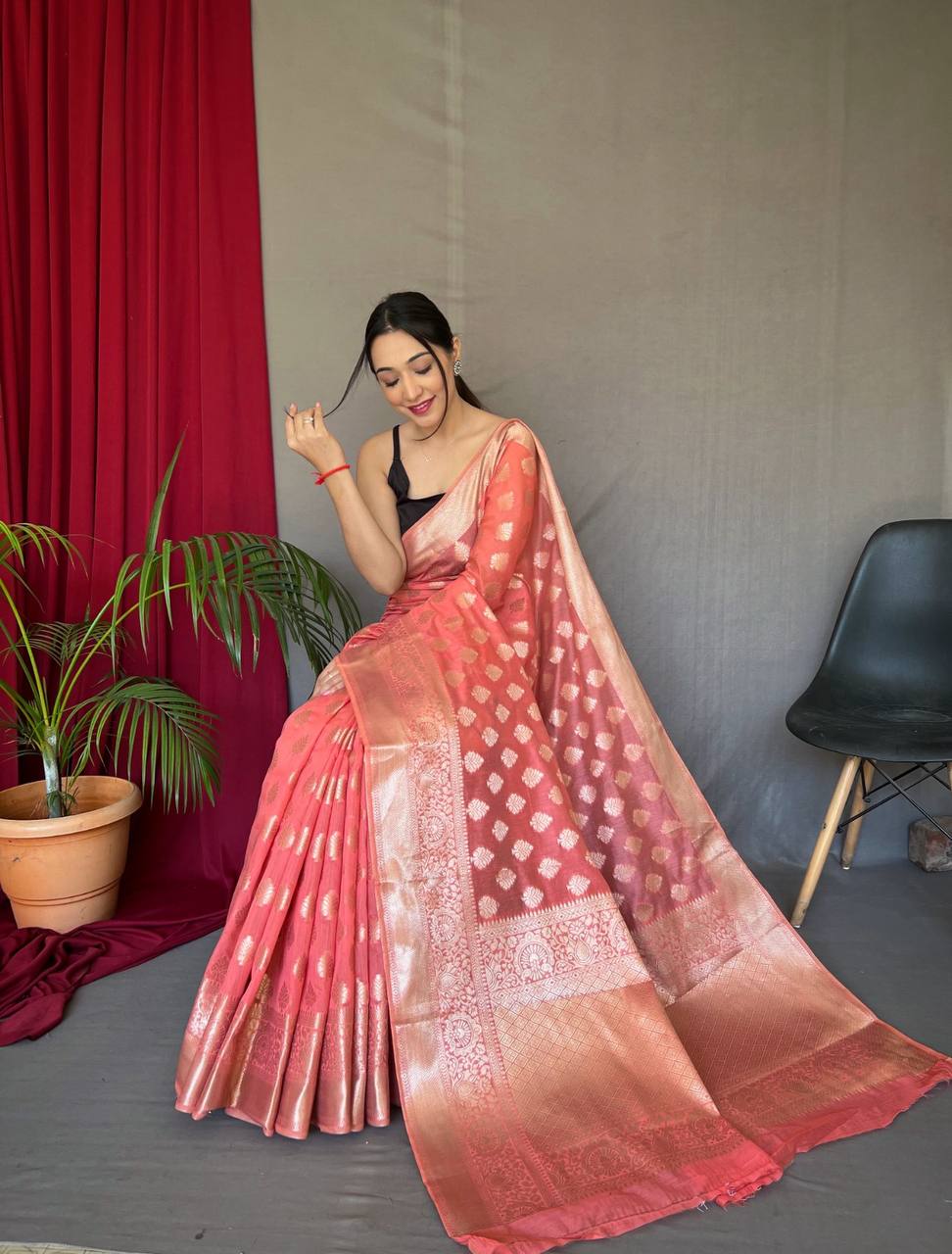Peach Pure Muslin  Silk Saree With Rose Gold Zari Weaved