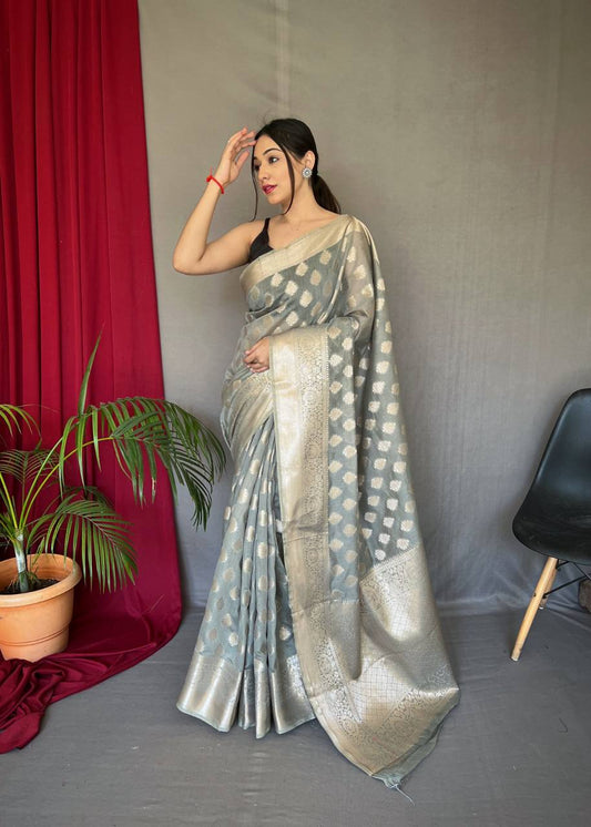 Grey Pure Muslin  Silk Saree With Rose Gold Zari Weaved