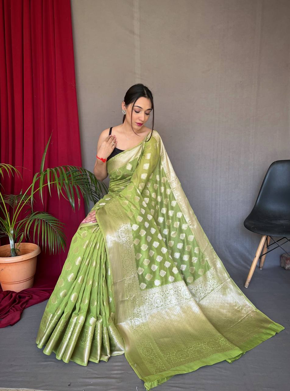 Green Muslin  Silk Saree With Rose Gold Zari Weaved