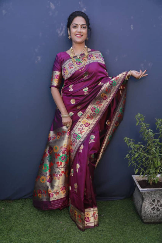 Wine Paithani Pure Silk Handloom Saree