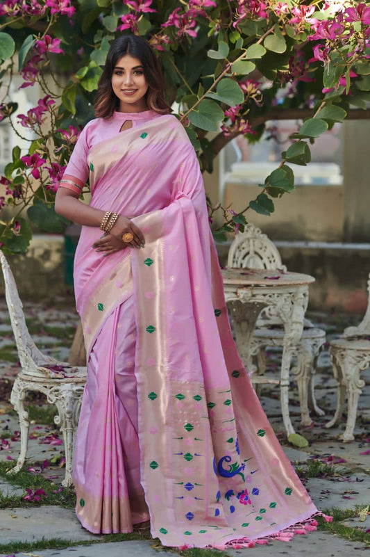 Pink Banarasi Soft Silk Paithani Saree With Zari Border