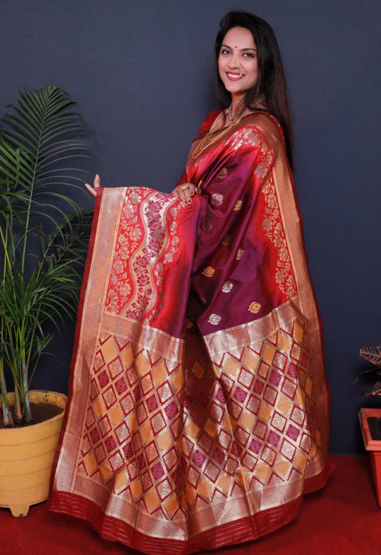 Wine Pure Silk Handloom Saree With Pure Jari Weaving