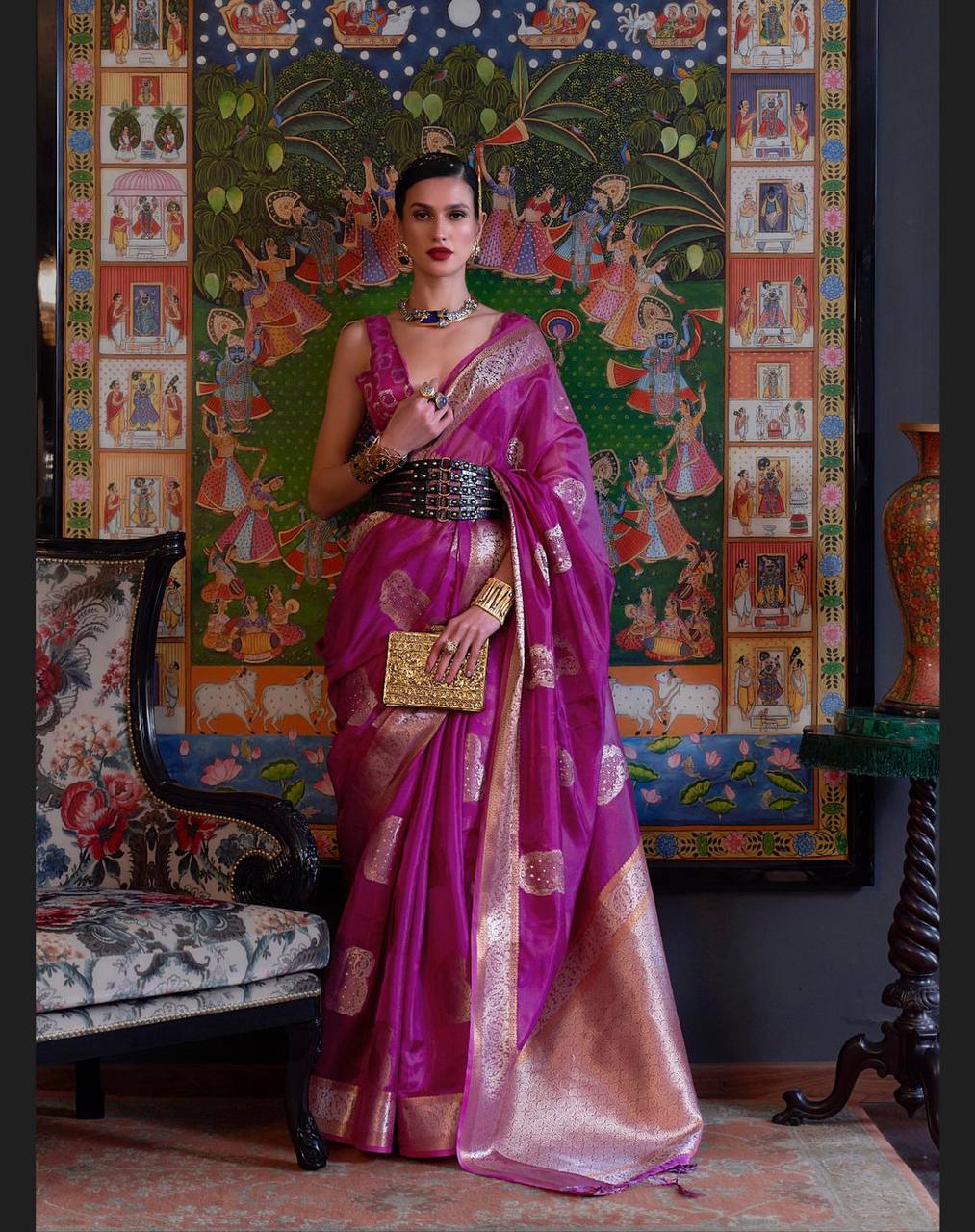 Wine Two Tone Handloom Weaving Organza Saree