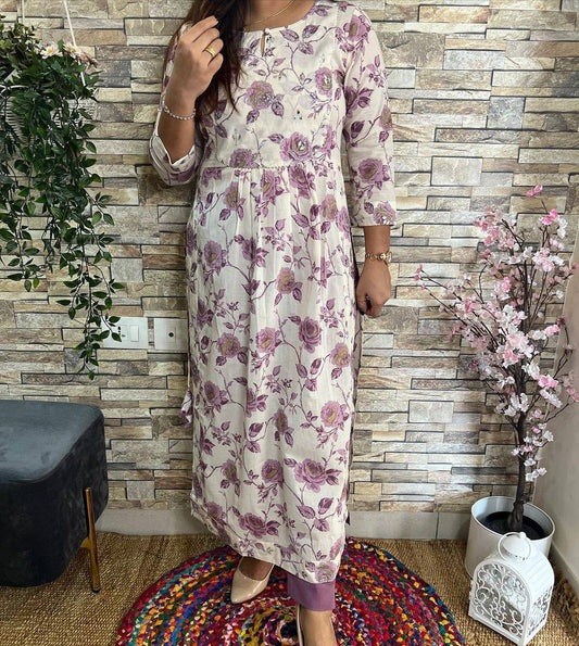 Pure Fine Cotton Fabric With Naira Cut Kurti With Pent Set