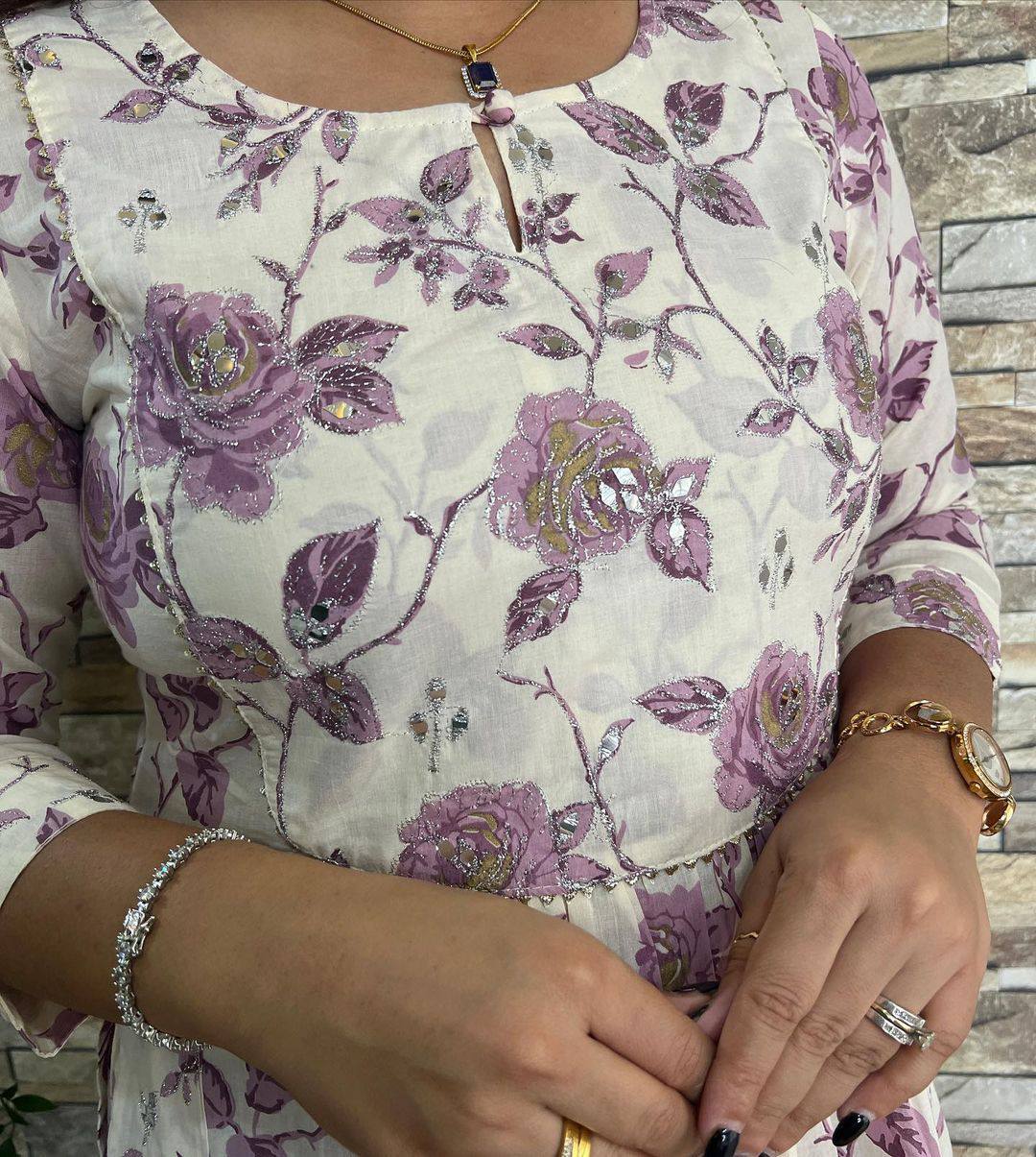 Pure Fine Cotton Fabric With Naira Cut Kurti With Pent Set