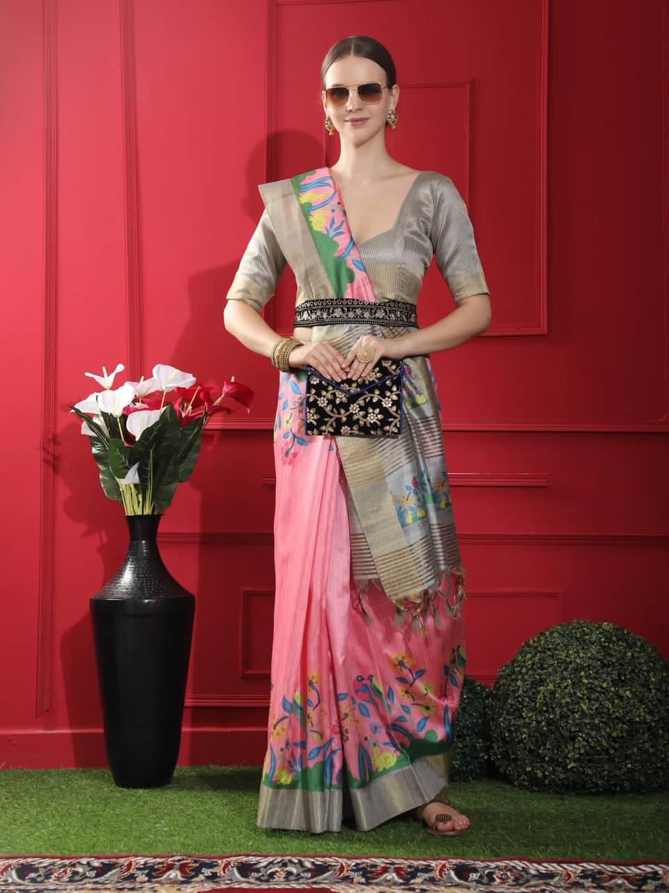 Pink Tussar Print Soft Saree with all Over Beautiful Print