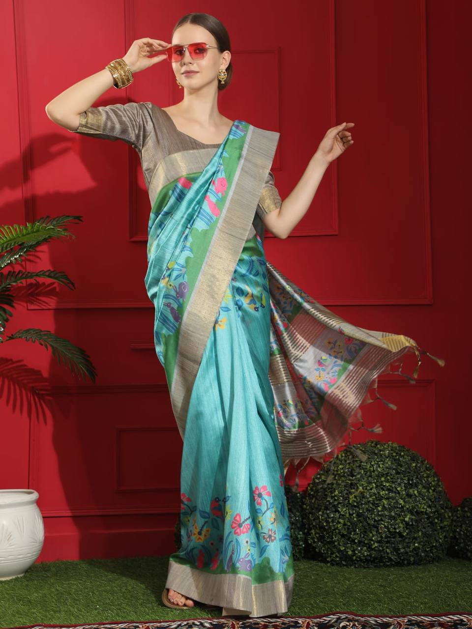 Sky Blue Tussar Print Soft Saree with all Over Beautiful Print