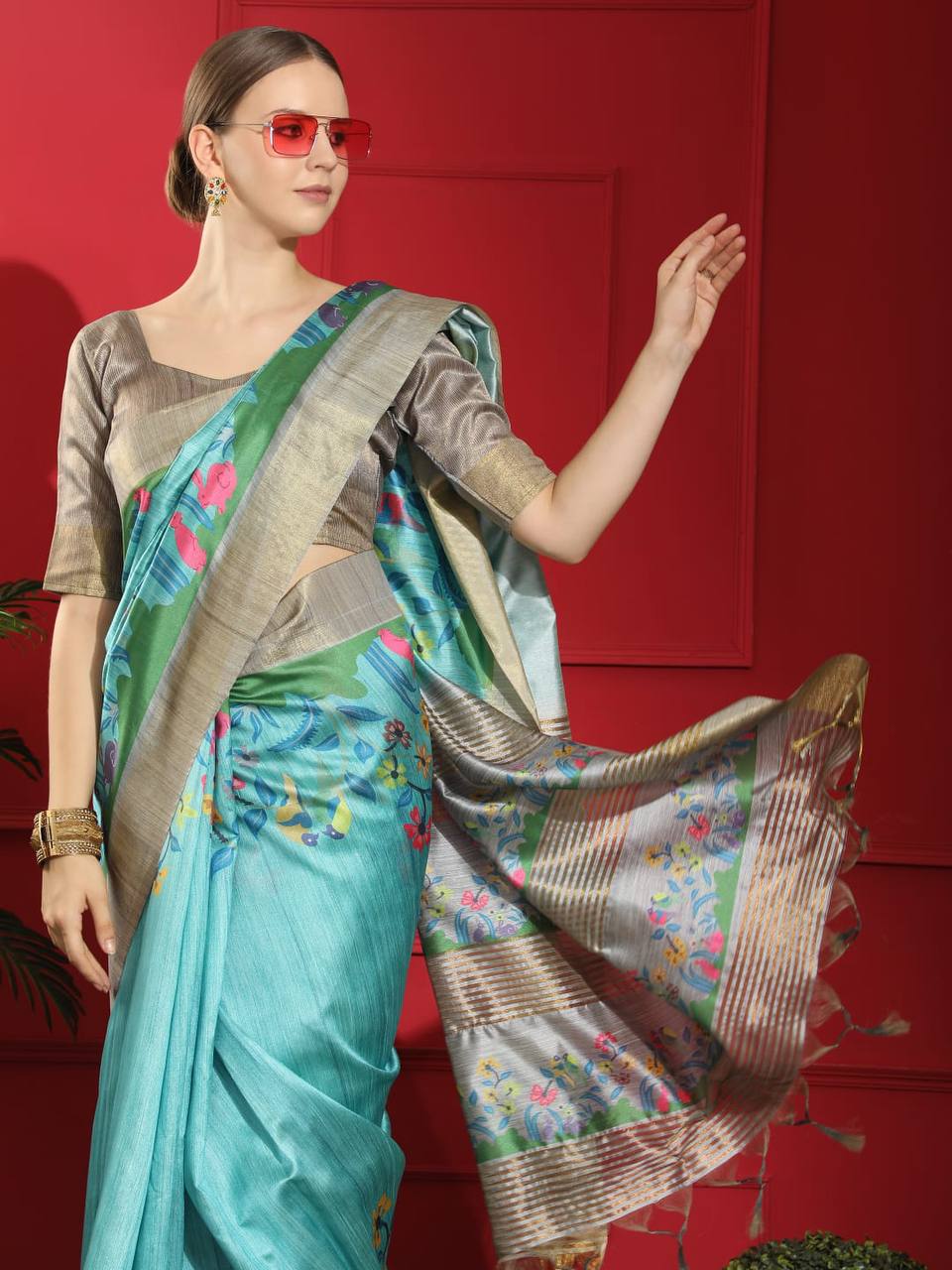 Sky Blue Tussar Print Soft Saree with all Over Beautiful Print