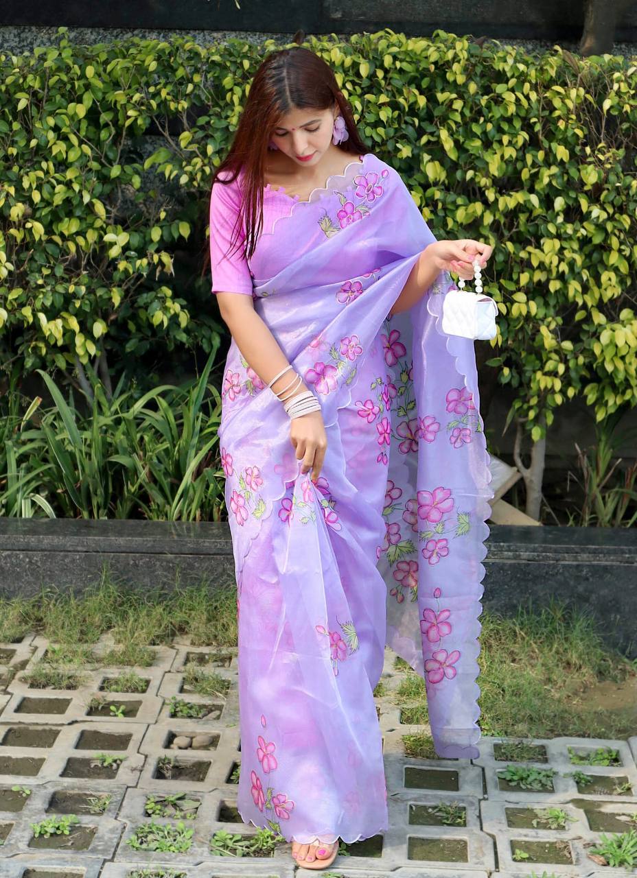 Purple Soft Organza Silk Saree with Beautiful Floral Print