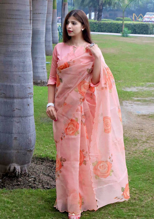 Peach Soft Organza Silk Saree with Beautiful Floral Print