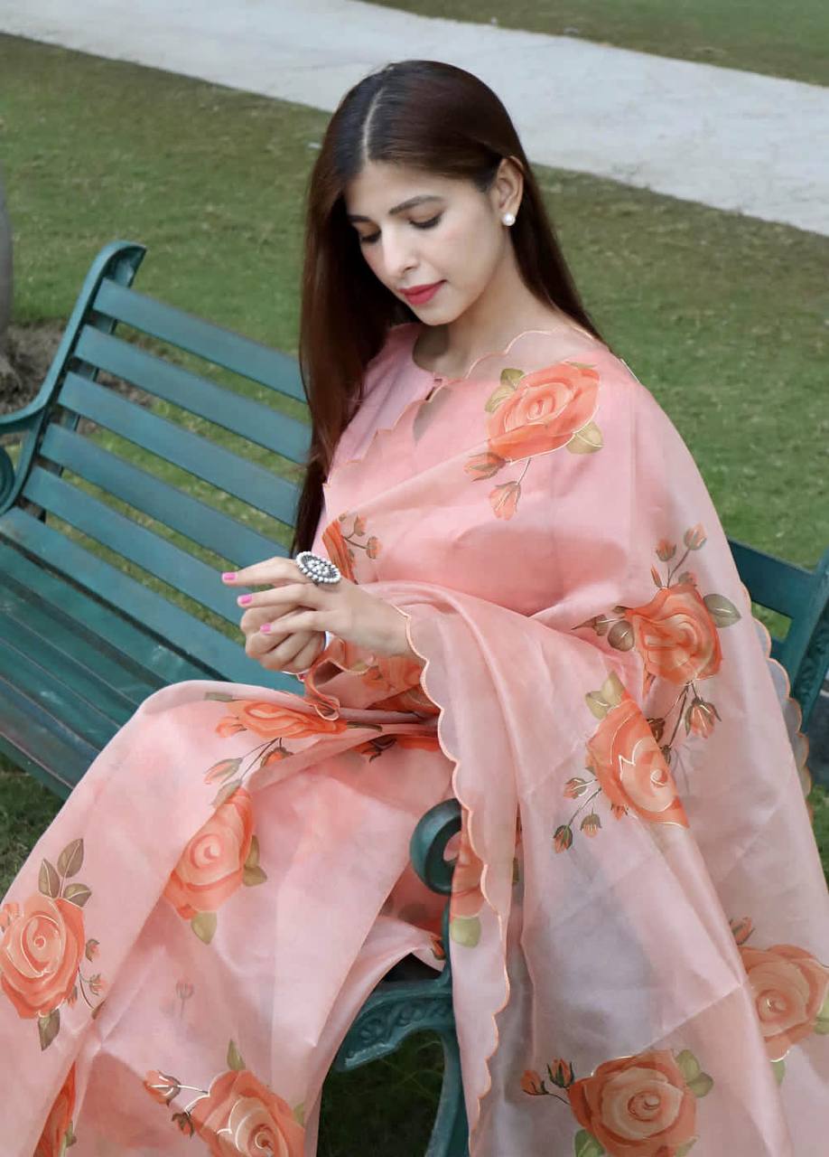 Peach Soft Organza Silk Saree with Beautiful Floral Print