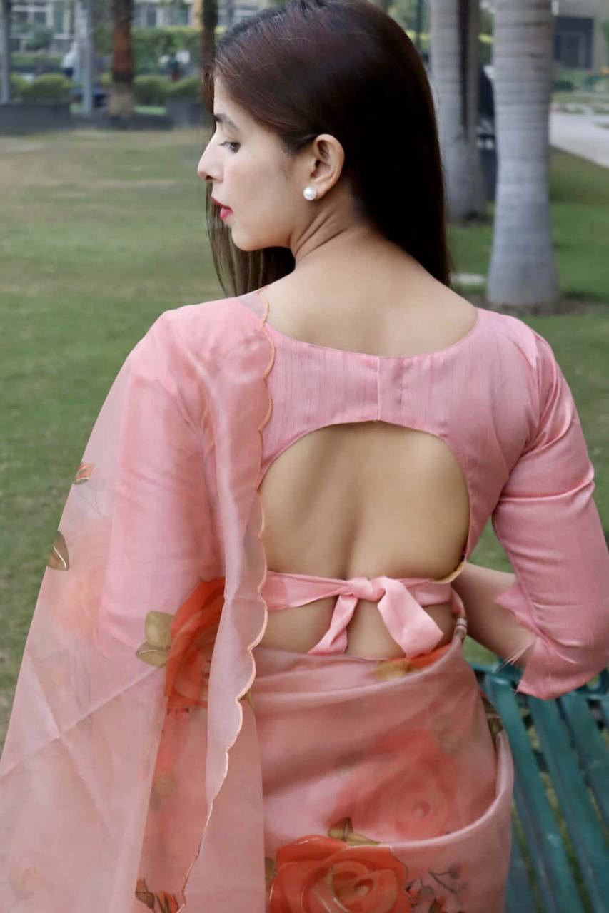 Peach Soft Organza Silk Saree with Beautiful Floral Print