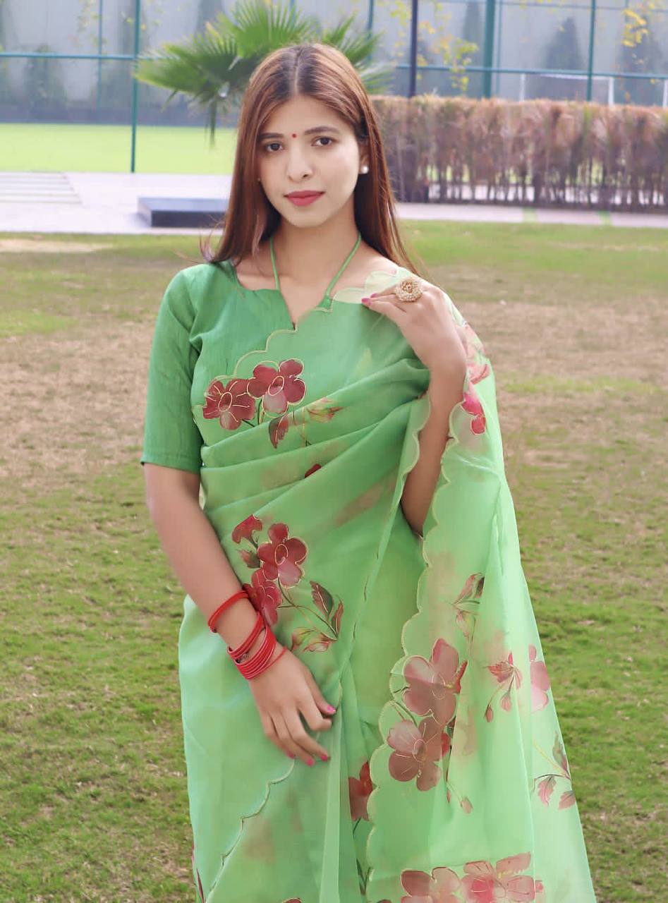 Green Soft Organza Silk Saree With All Over Hand Print
