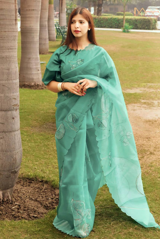 Blue Soft Organza Silk Saree with Beautiful Floral Print