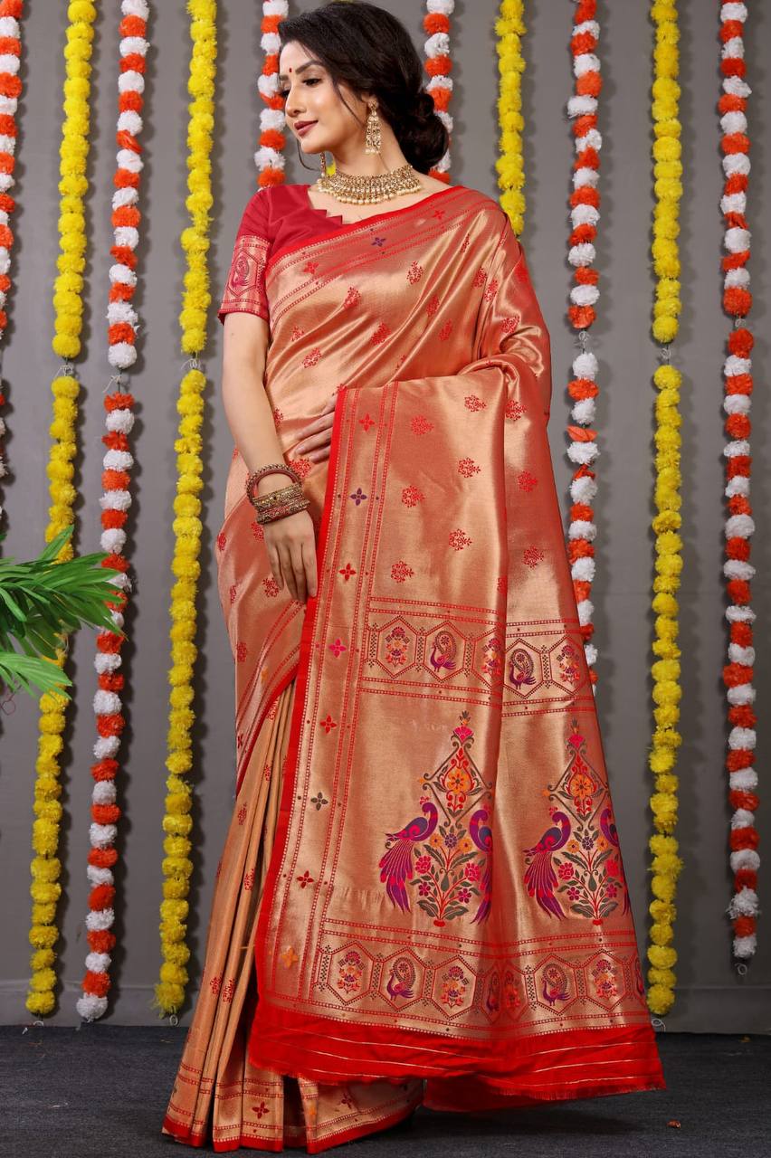 Red Paithani Pure silk handloom saree with Pure Jari
