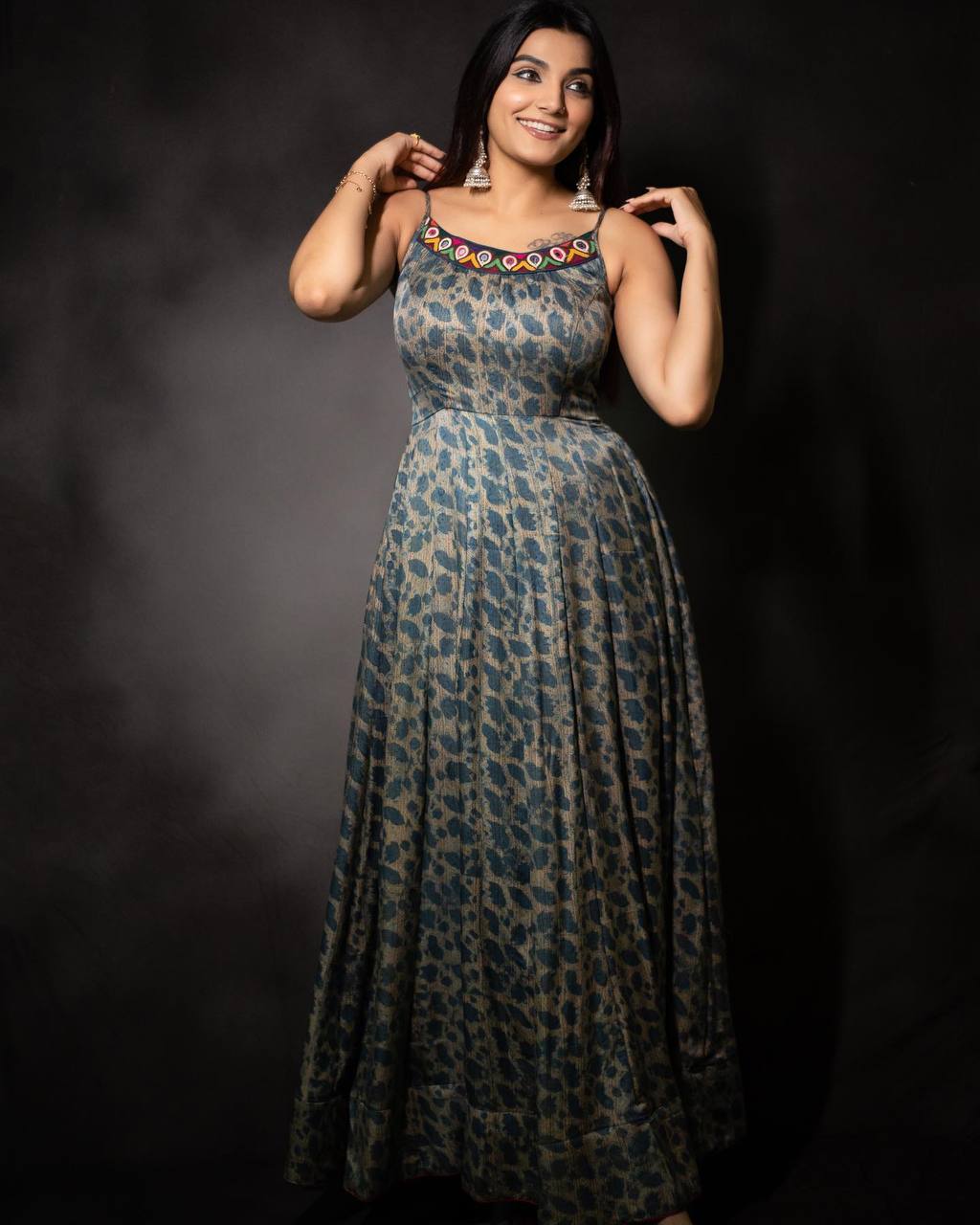 Teal Heavy Silk Digital Print Work Gown