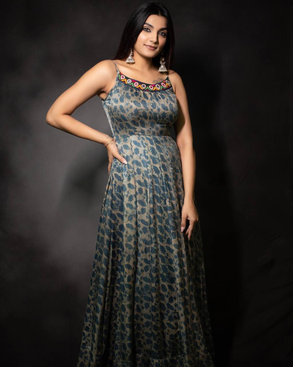 Teal Heavy Silk Digital Print Work Gown