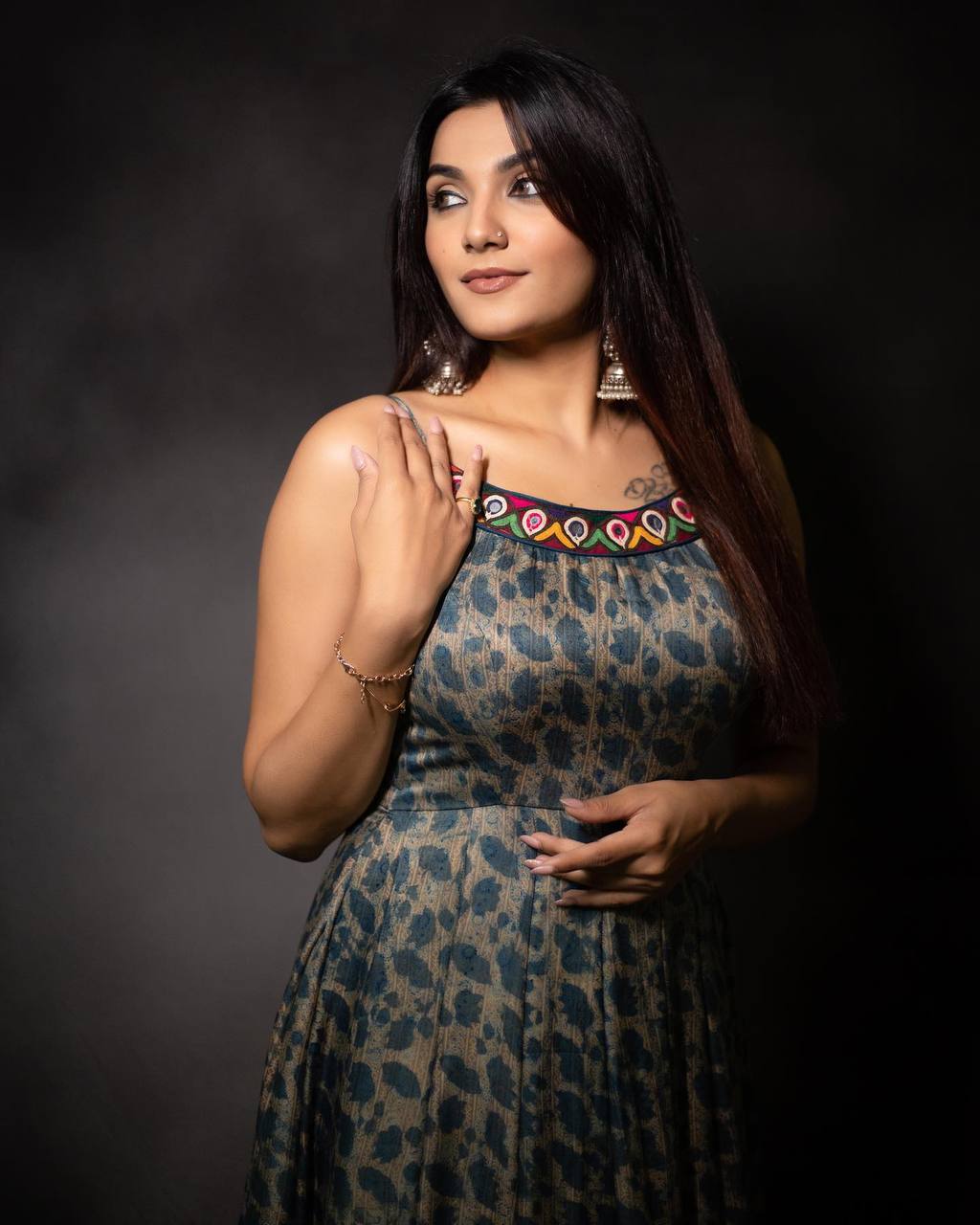 Teal Heavy Silk Digital Print Work Gown