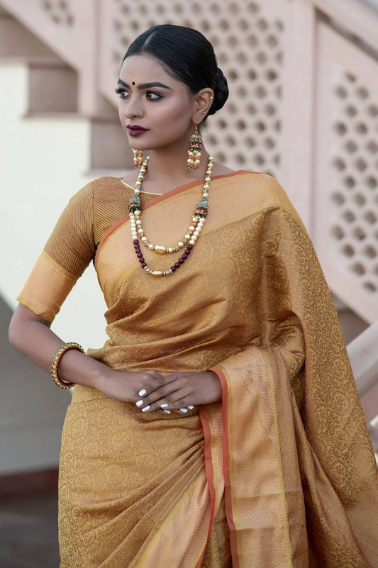 Yellow Soft kanchipuram silk saree with all over zari weaves