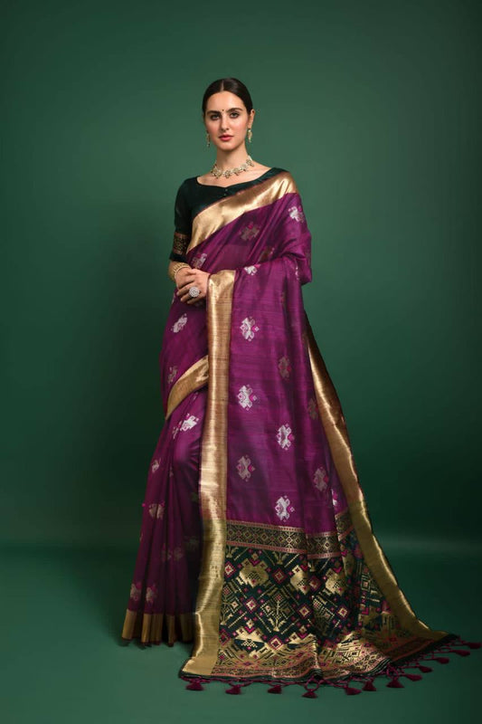 Purple Tussar Silk Patola Weaving Saree With Zari Woven Border