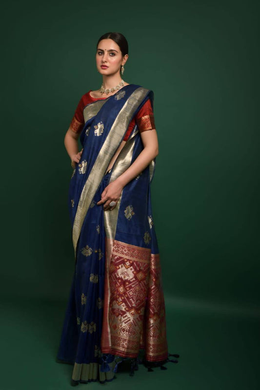 Blue Tussar Silk Patola Weaving Saree With Zari Woven Border