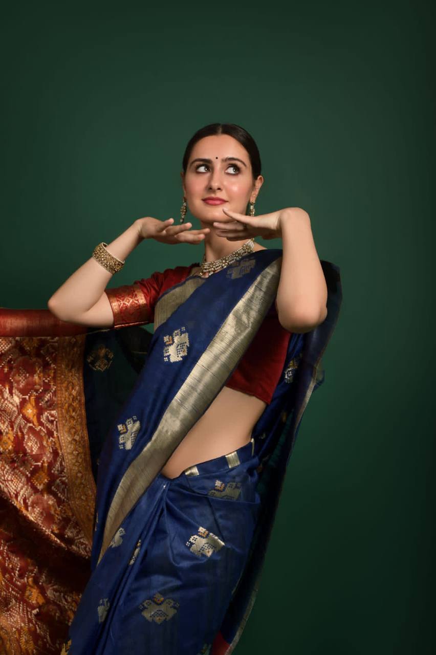 Blue Tussar Silk Patola Weaving Saree With Zari Woven Border