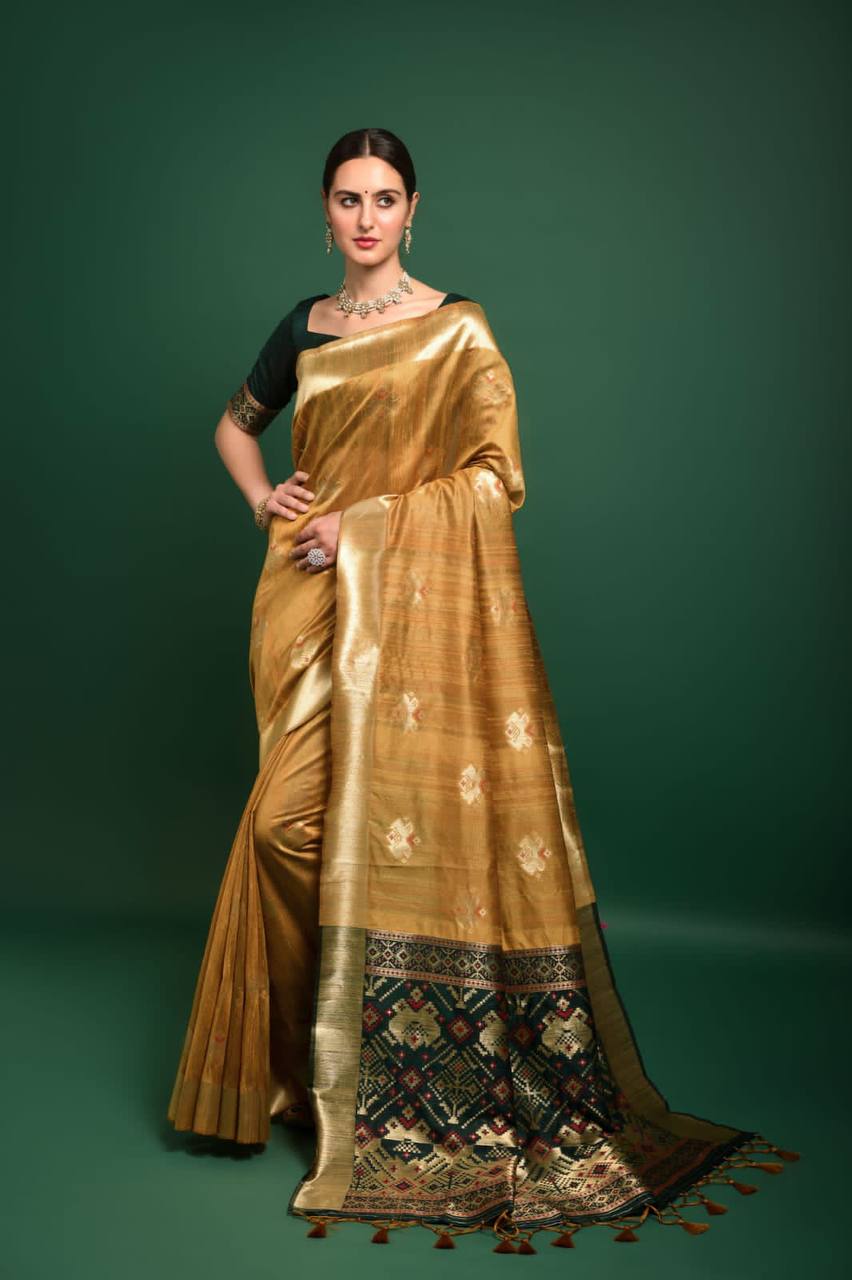 Yellow Tussar Silk Patola Weaving Saree With Zari Woven Border