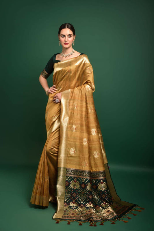 Yellow Tussar Silk Patola Weaving Saree With Zari Woven Border