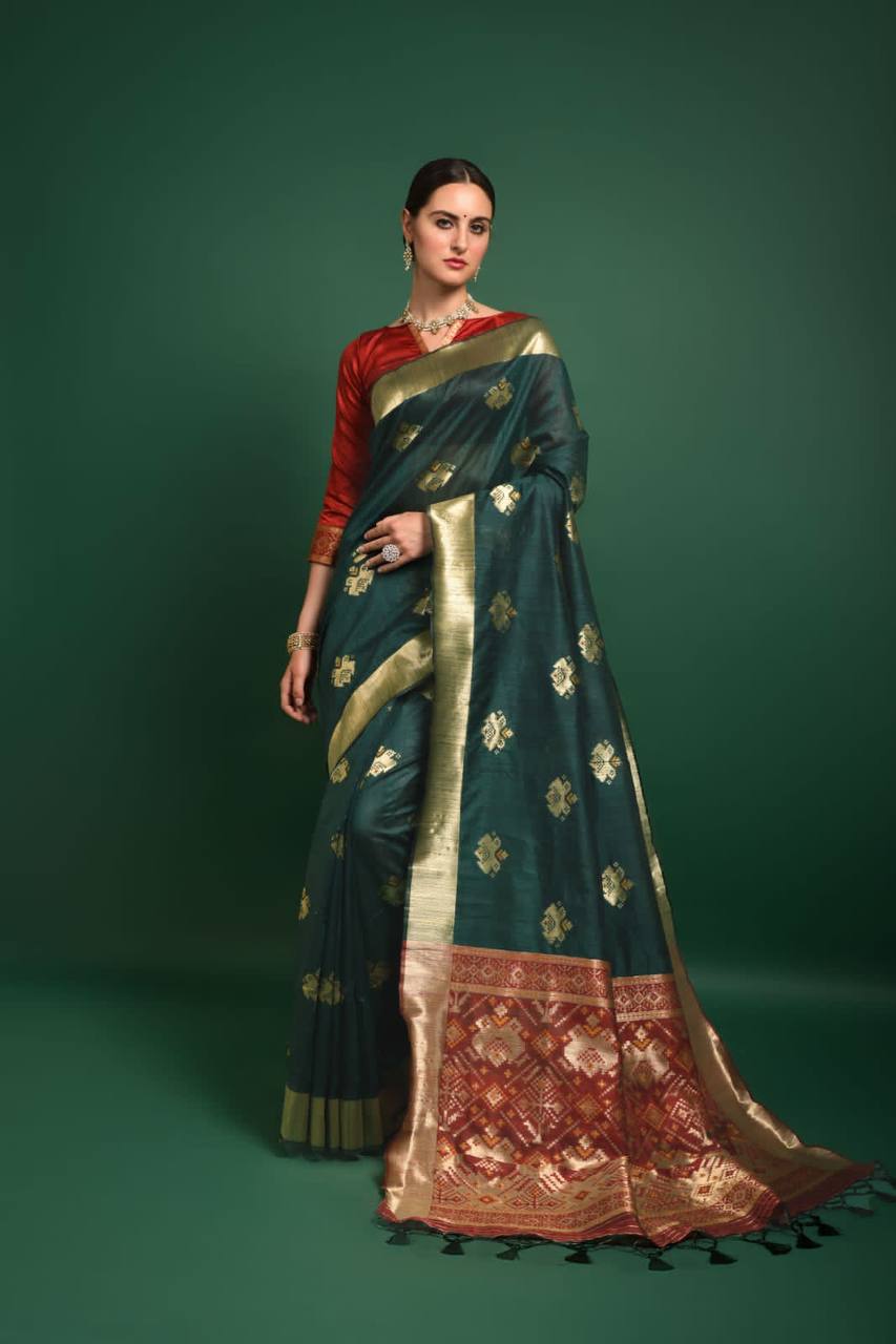 Green Tussar Silk Patola Weaving Saree With Zari Woven Border