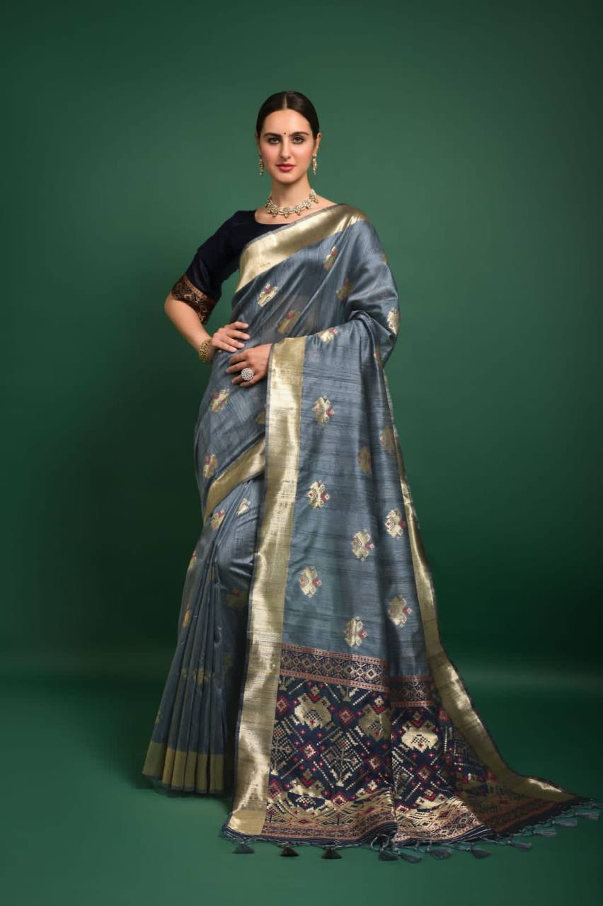 Grey Tussar Silk Patola Weaving Saree With Zari Woven Border