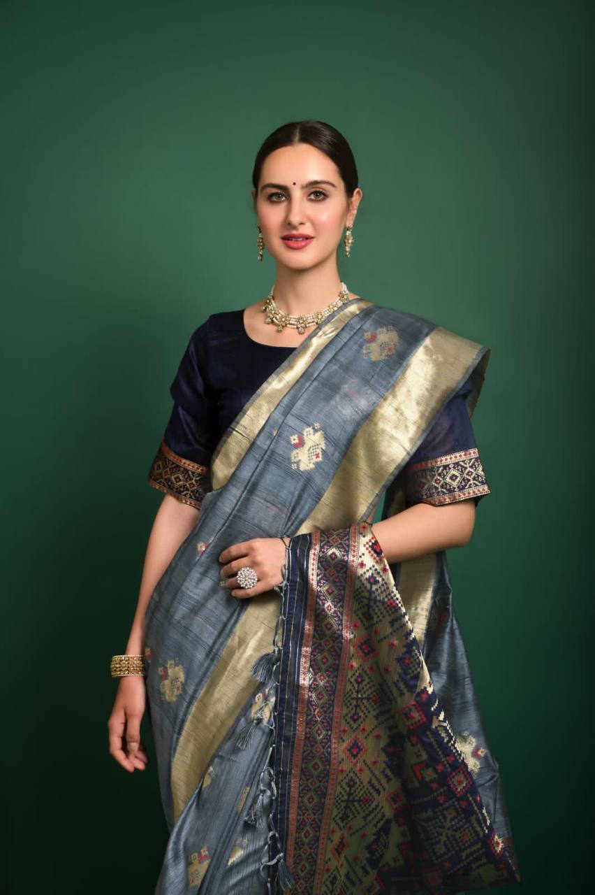 Grey Tussar Silk Patola Weaving Saree With Zari Woven Border