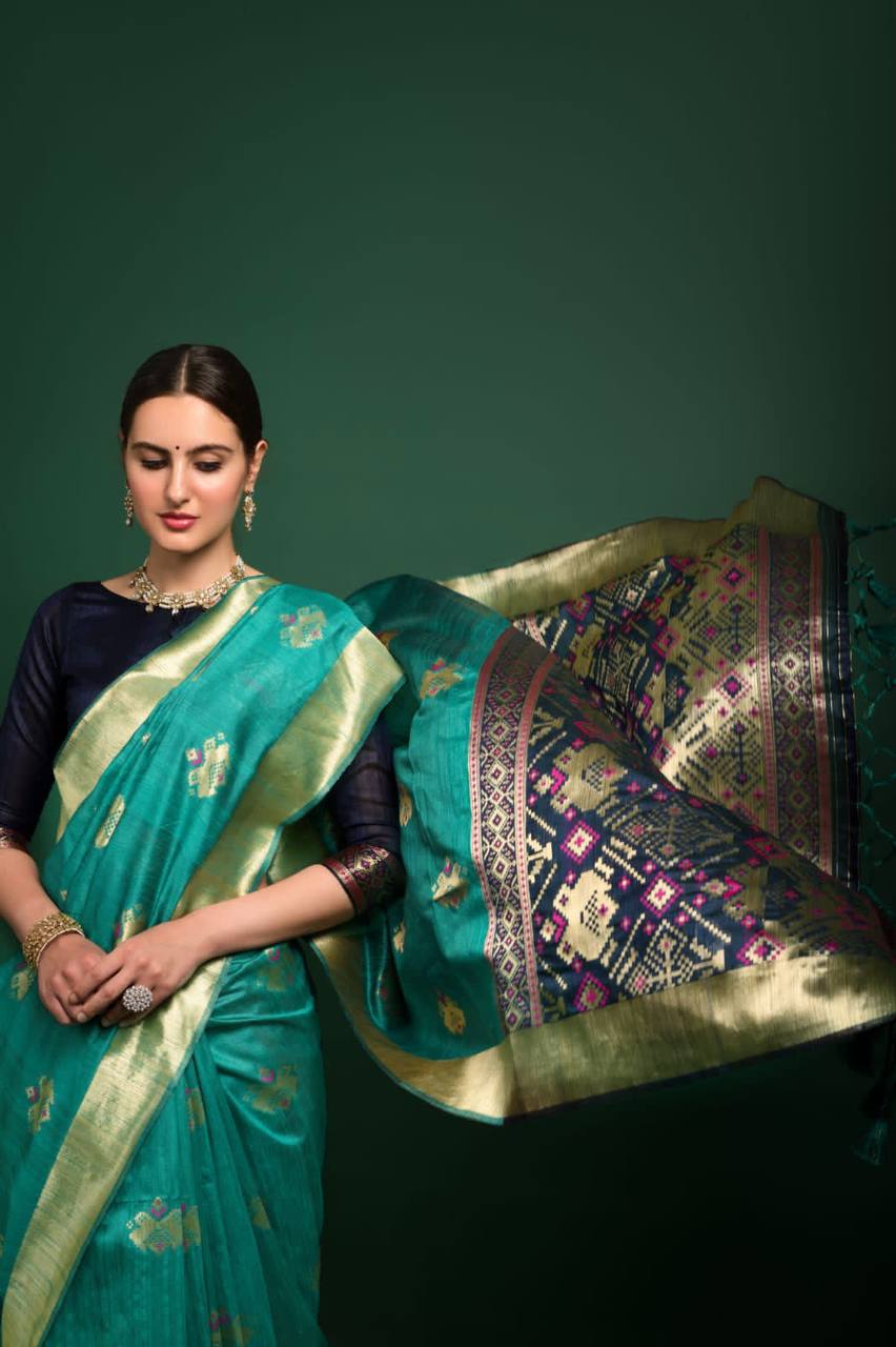 See Green Tussar Silk Patola Weaving Saree With Zari Woven Border