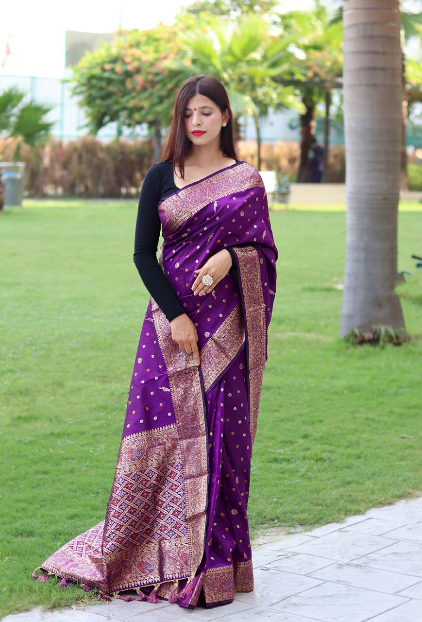 Purple Pure Soft Silk Saree With Copper And Golden Zari Weaved Border
