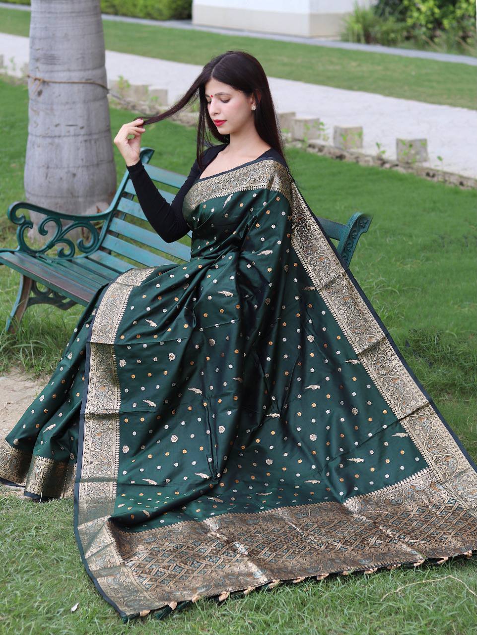 Green Pure Soft Silk Saree With Copper And Golden Zari Weaved Border