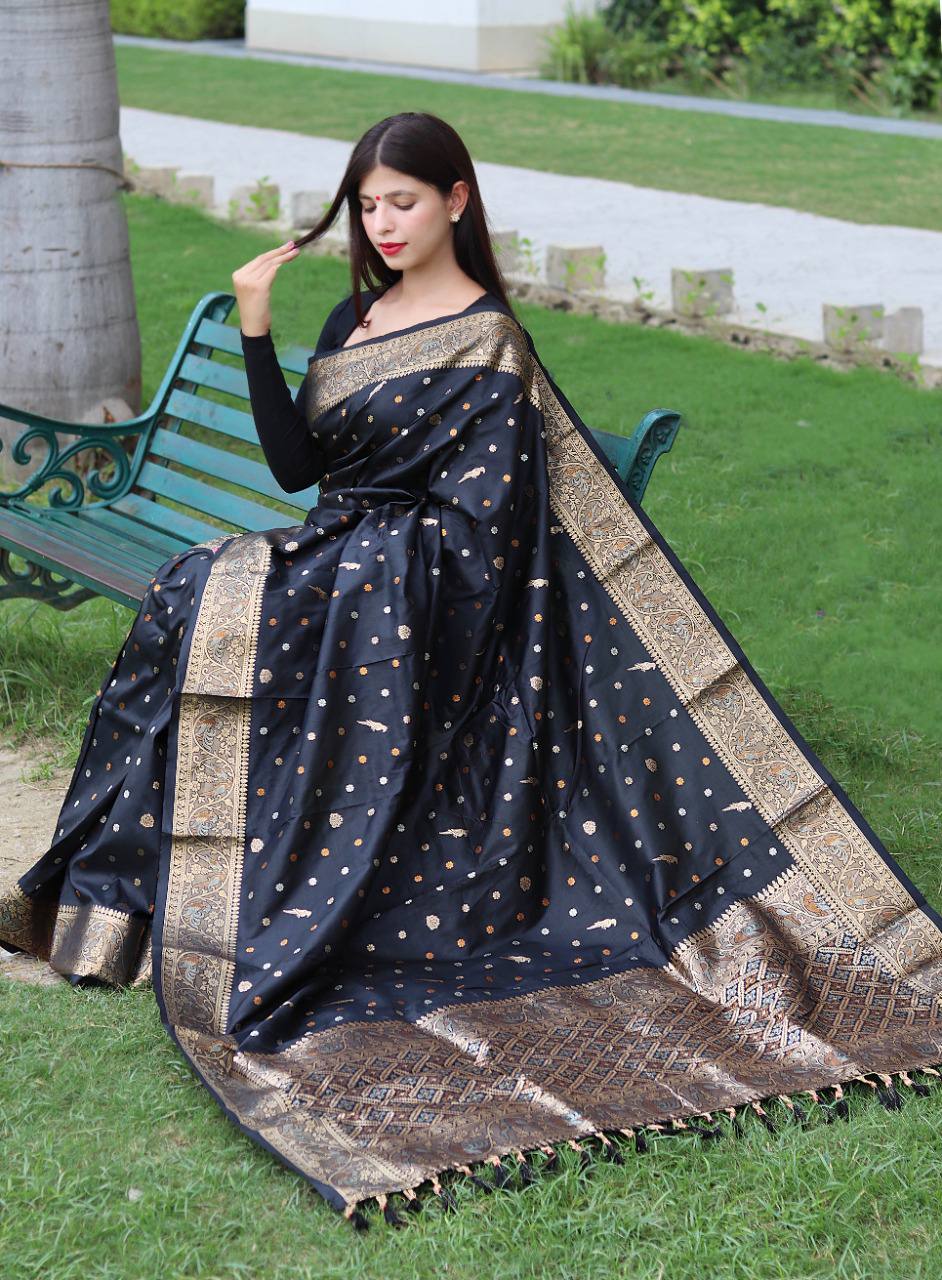 Dark Blue Pure Soft Silk Saree With Copper And Golden Zari Weaved Border