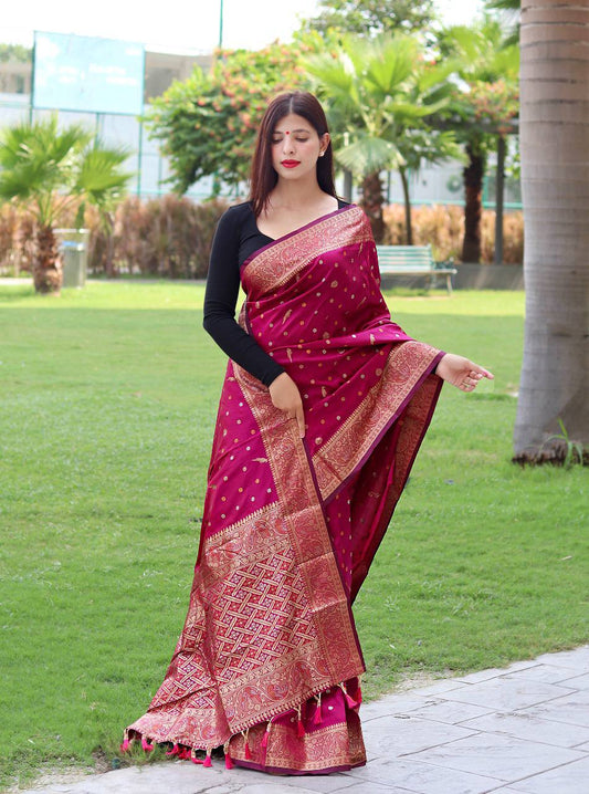 Rani Pure Soft Silk Saree With Copper And Golden Zari Weaved Border