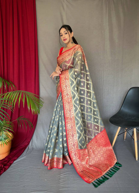 Grey Pure organza weaved saree with Jacquard border.