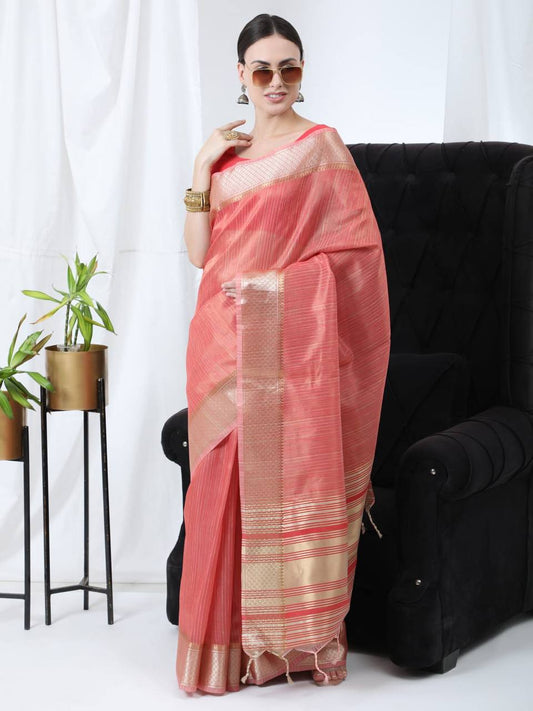 Pink Tissue Linnen Silk Saree With Fancy Zari Weaving Border