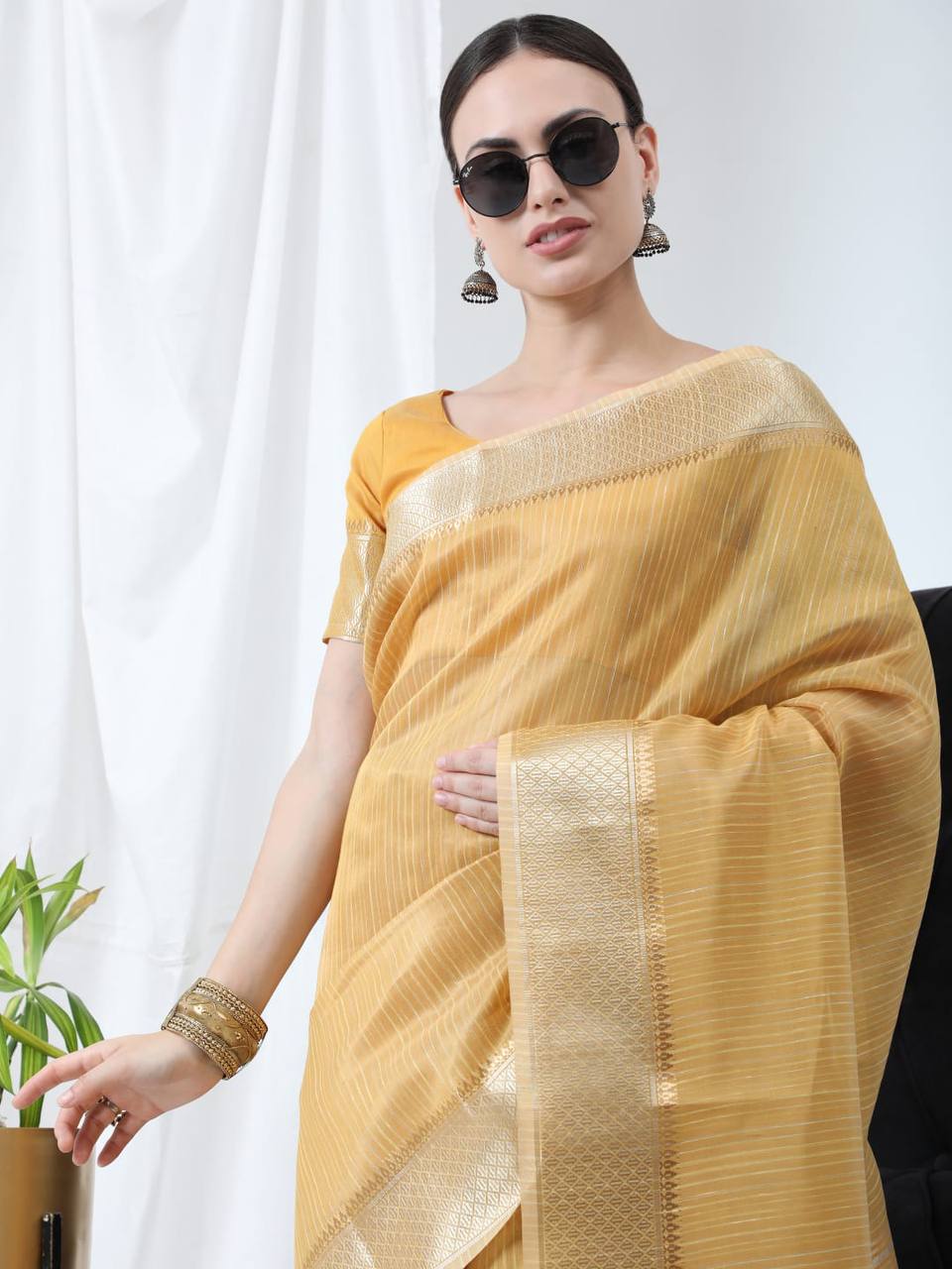Yellow Tissue Linnen Silk Saree With Fancy Zari Weaving Border