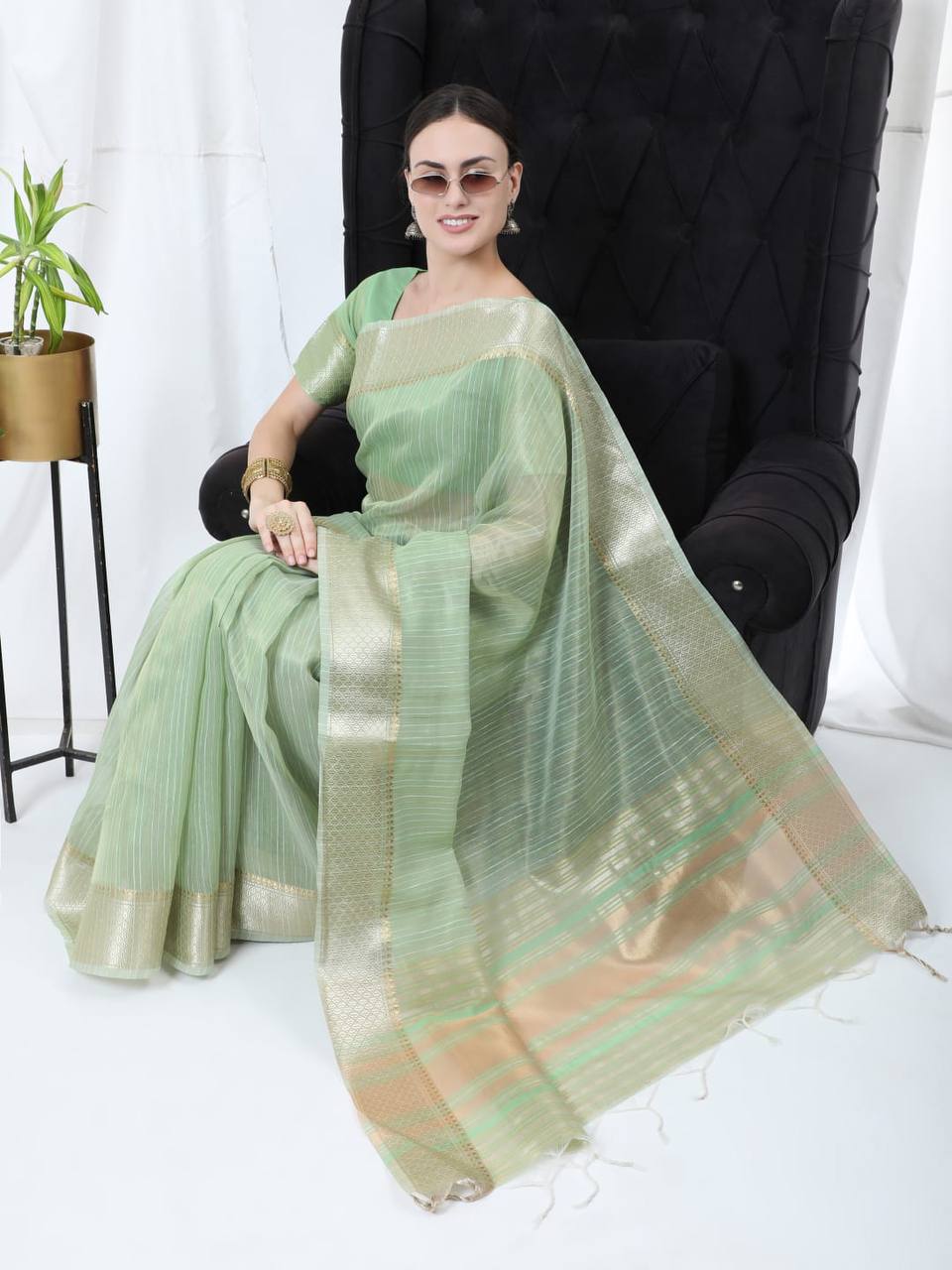 See Green Tissue Linnen Silk Saree With Fancy Zari Weaving Border