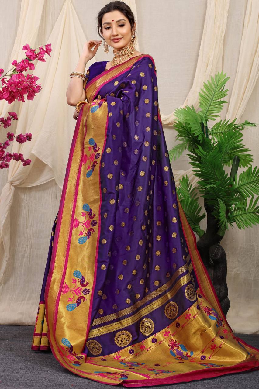Purple Paithani Pure Silk Handloom Saree With Pure Jari